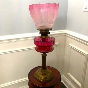 Antique oil lamp cranberry brass bottom and etched glass excellent condition